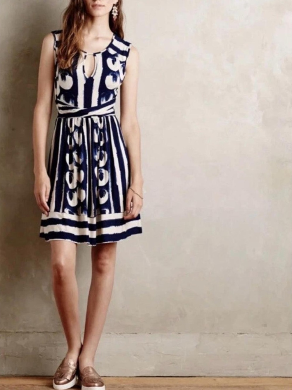 Anthropology Maeve Navy and Cream Sleeveless Keyhole Fit-and-Flare Dress Medium